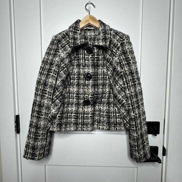 Cabi Womens Cropped Tweed Jacket Button‎ Closure Black & White Size Small - Picture 1 of 7
